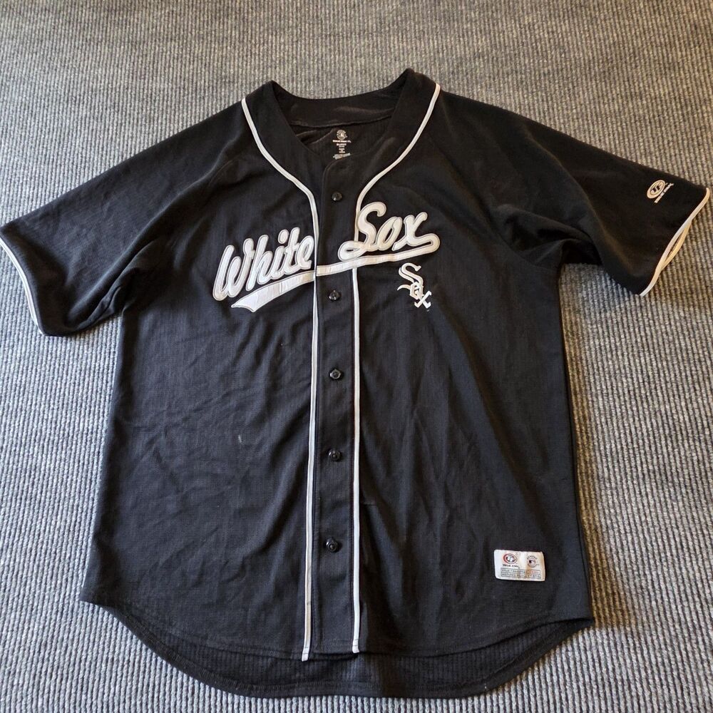 True Fan Chicago White Sox MLB Baseball Jersey Men's XL Black White Button Up